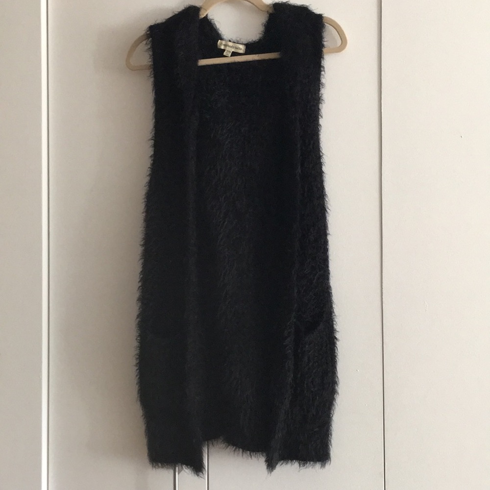 Black faux fur vest with hood